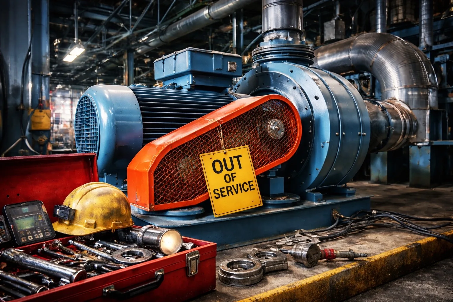 Industrial blower out of service requiring emergency repair and parts